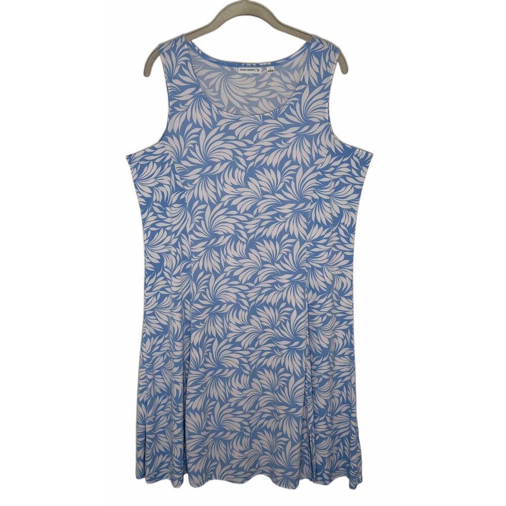Susan Graver Liquid Knit Blue White Leaf Print Sleeveless Resort Dress Stretch L